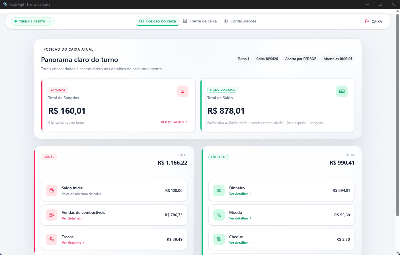 Tela do sistema com a visao de caixa atual