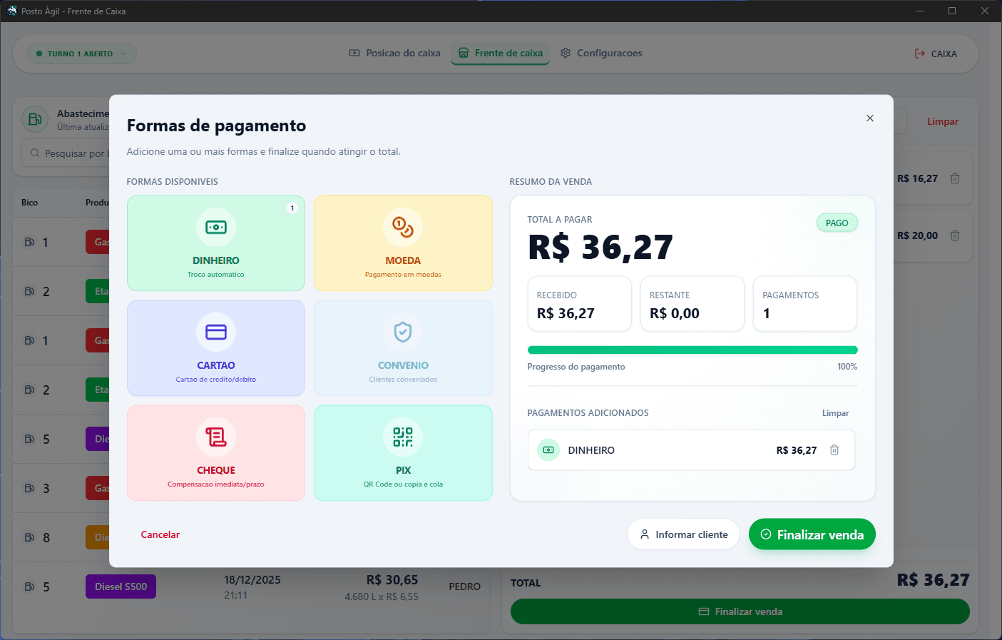 Tela do sistema para finalizacao de venda